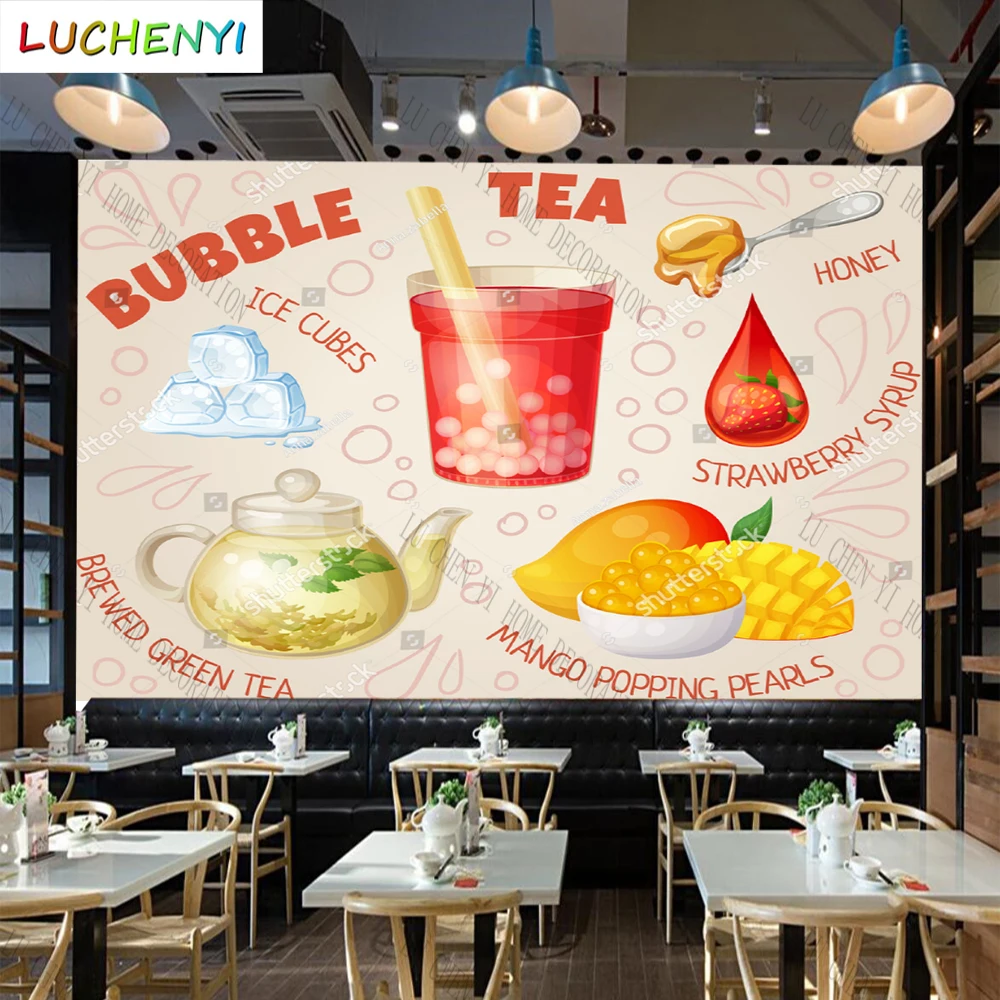 Custom leisure time bubble tea wallpaper mural restaurant ice cream drinking shop dining room wall papers home decor sticker