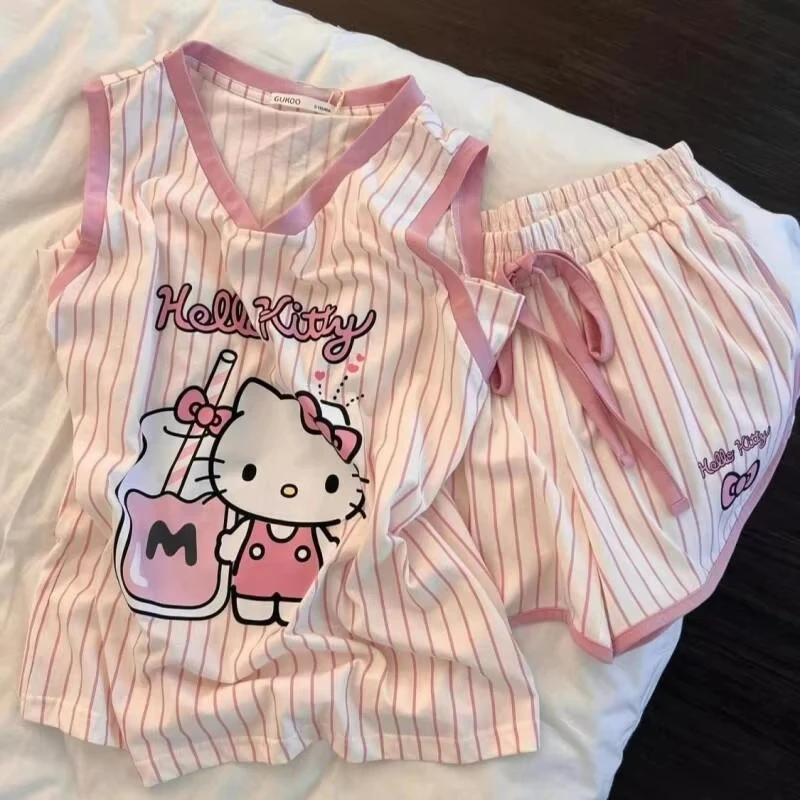 

Женский пижамный комплект Sanrio Hello Kitty с шортами, мягкий хлопок, для дома, для девочек, милый летний кавайный дизайн