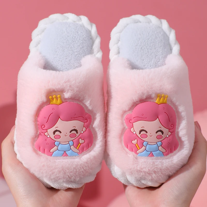 Winter Cute A Little Princess Non-slip Children\'s Plush Slippers Soft Sole Flip Flops Kids Girls Indoor Warm Home Cotton Shoes