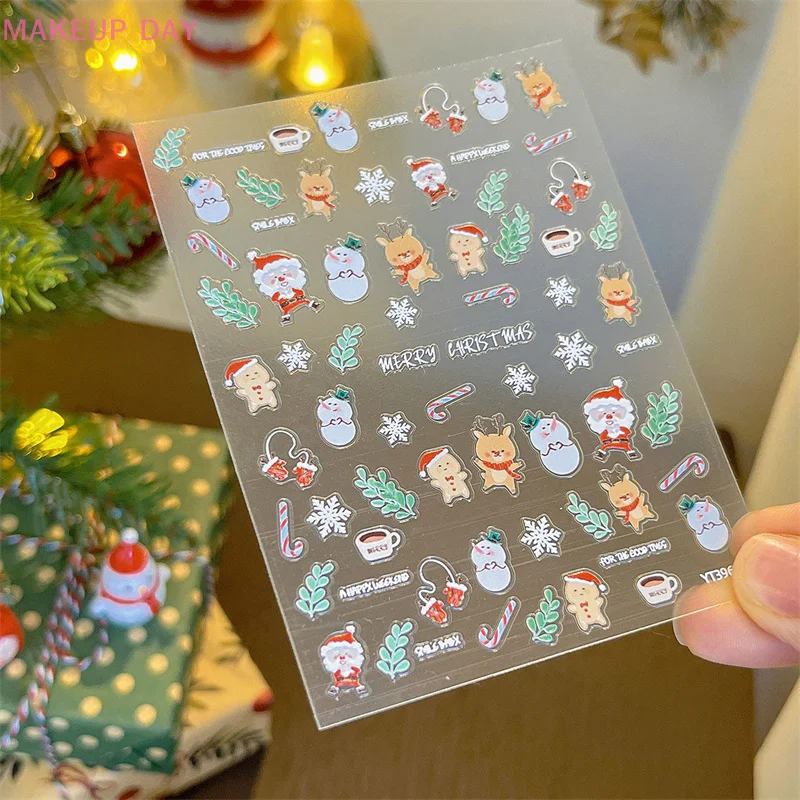 Exquisito relieve tridimensional Santa Claus Elk Nail Art Stickers dibujos animados copo de nieve decoración de uñas calcomanías regalos de navidad