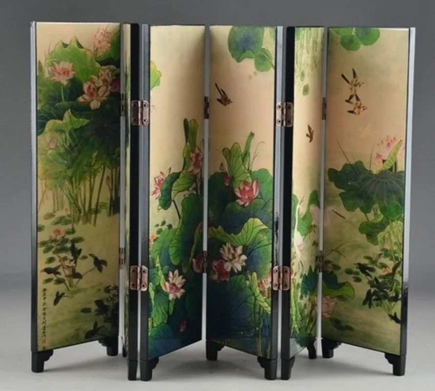 Oriental Lacquerware Folding Screen Handmade Old Painting Lotus Writing Screen Traditional Decorative Art Panel