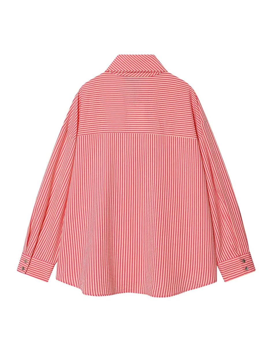 For Office Work Women Striped Blouse Fashion Autumn Shirt Stretchable Material New Condition Polyester Fabric Regular Length