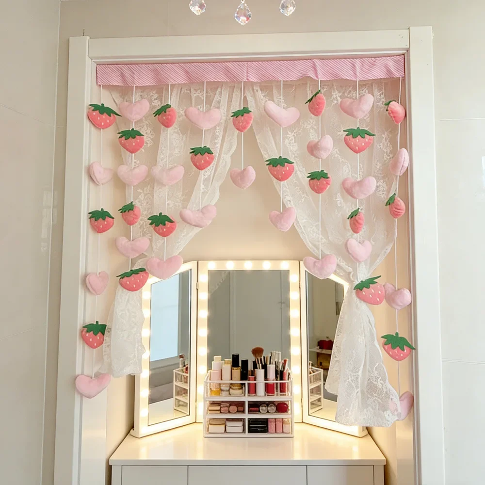 Cute Plush Pink Strawberry Short Curtain Thread Partition Hanging Window Decor Dormitory Curtain Door Curtain Girl Bedroom