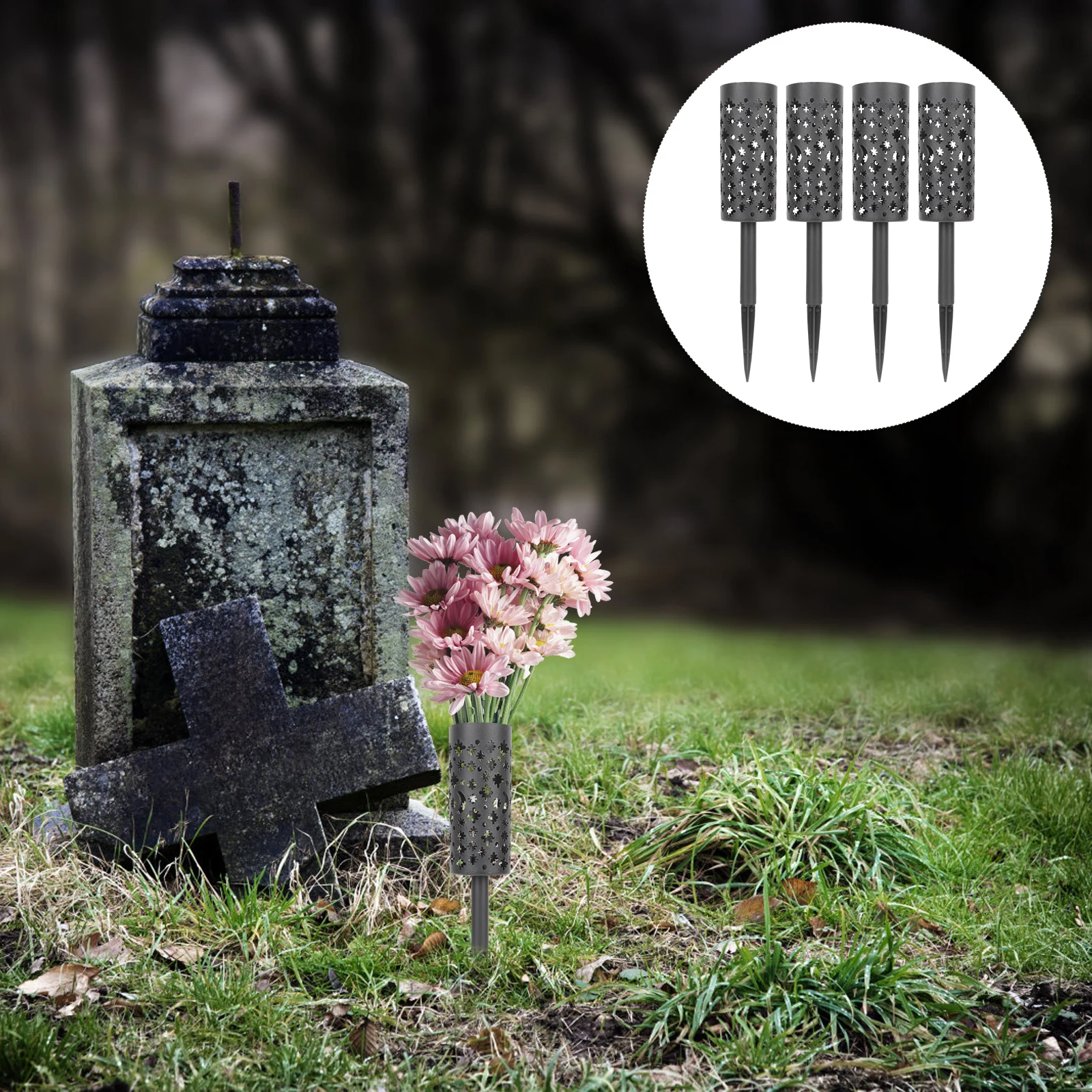 

4Pcs Outdoor Flower Arrangement Holder Cemetery Vase with Spike Grave Flower Pot Plastic Round Vase for Memorial Decoration