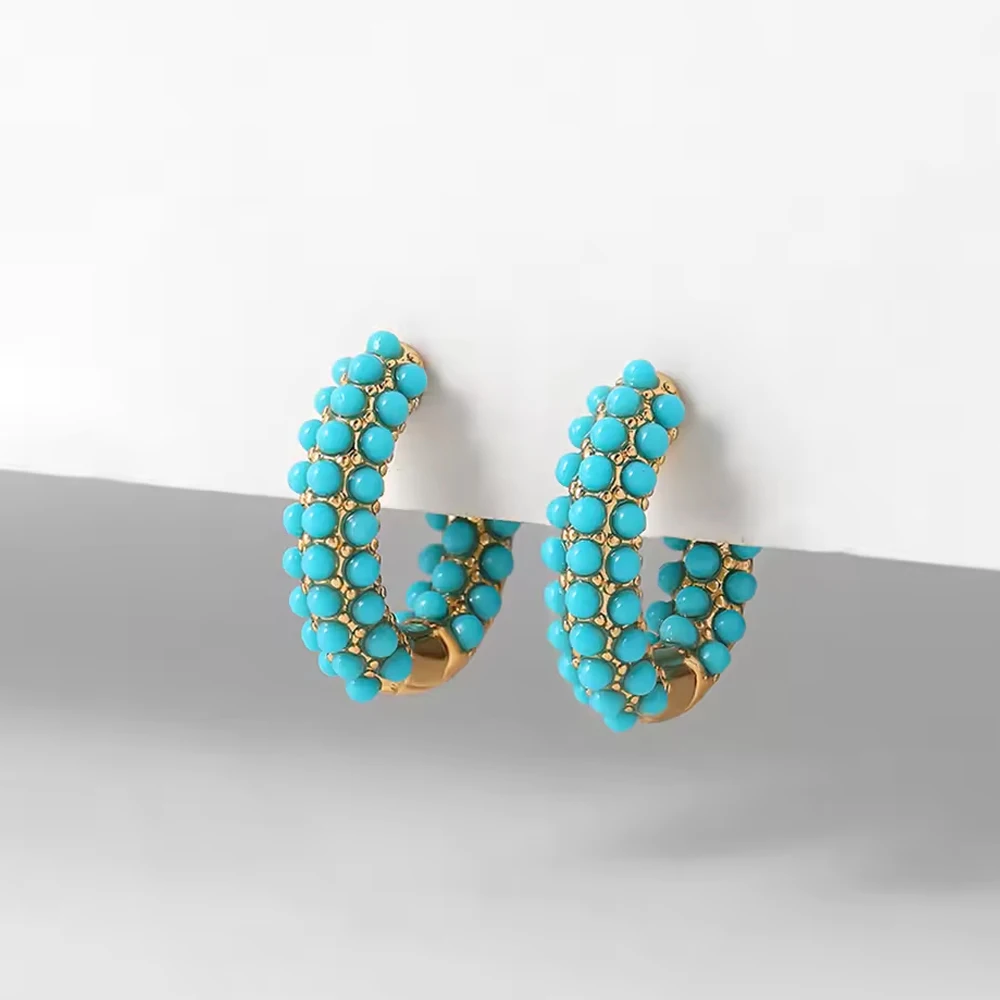 Pendientes de aro con cuentas redondas para mujer, aretes de piedra verde con círculo geométrico a la moda, joyería Huggies, uso diario