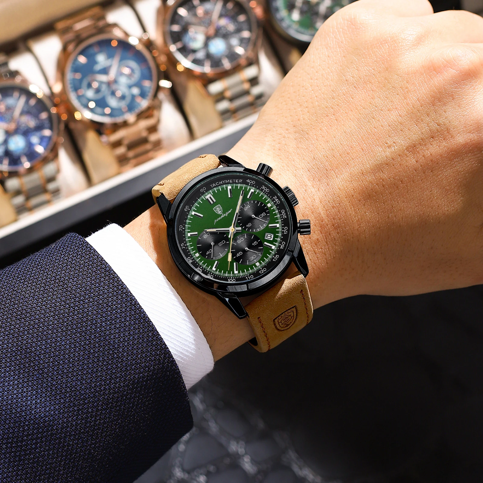 POEDAGAR موضة ساعة يد رياضية للرجال مقاوم للماء مضيئة كرونوغراف العسكرية رجل ساعة جلدية فاخرة كوارتز ساعات رجالية