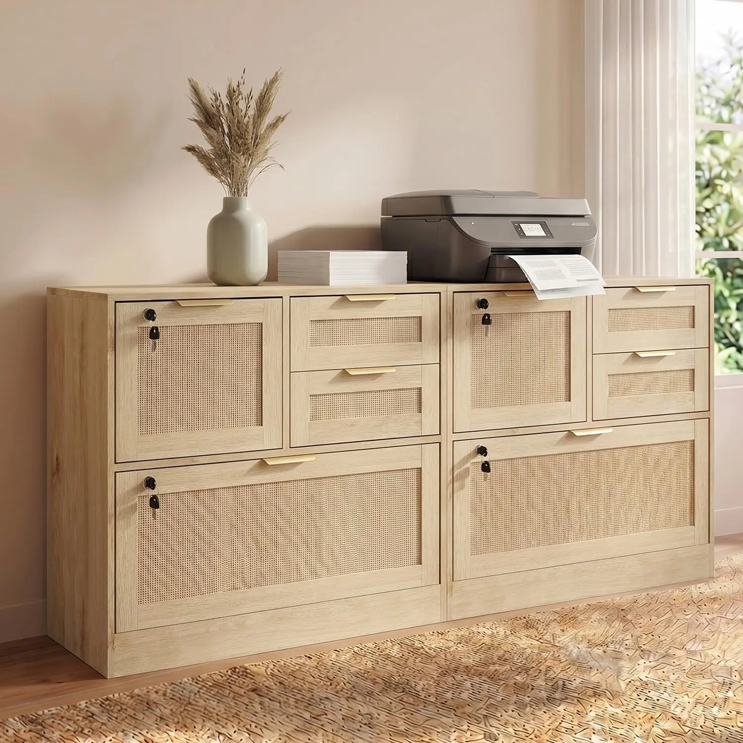 Home Office and School, Wood Rattan Filing Cabinet for Hanging Files/Letter/Legal/A4/F4 Size,Natural, 4Drawer