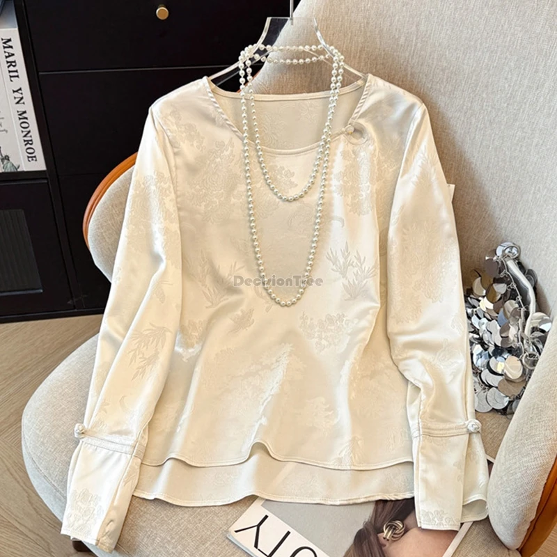 

2025 new chinese retro style waistcoat base blouse for women long sleeve round collar satin loose elegant tang suit shirt t001