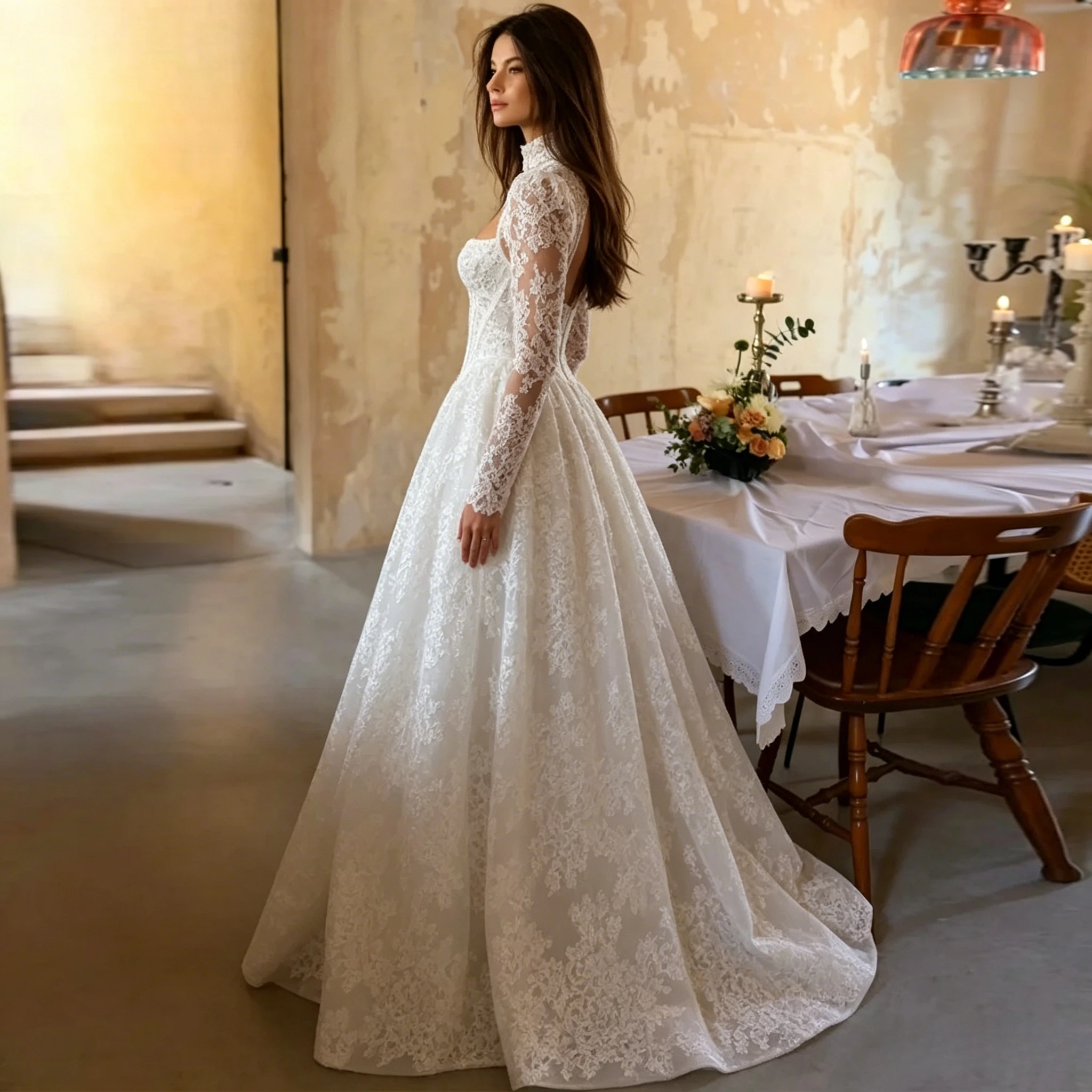 Customized Delicate Dreamy High Neck Cutout Long Sleeve Floral Lace A Line Wedding Dress Sweetheart Corset Allover Embroidery