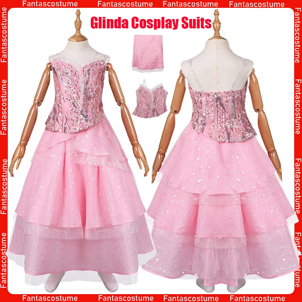 Kids Glinda Cosplay Pink Costume Movie Wicked Dress Girls Children Vest Skirt Outfits Halloween Carnival Party Roleplay Suit