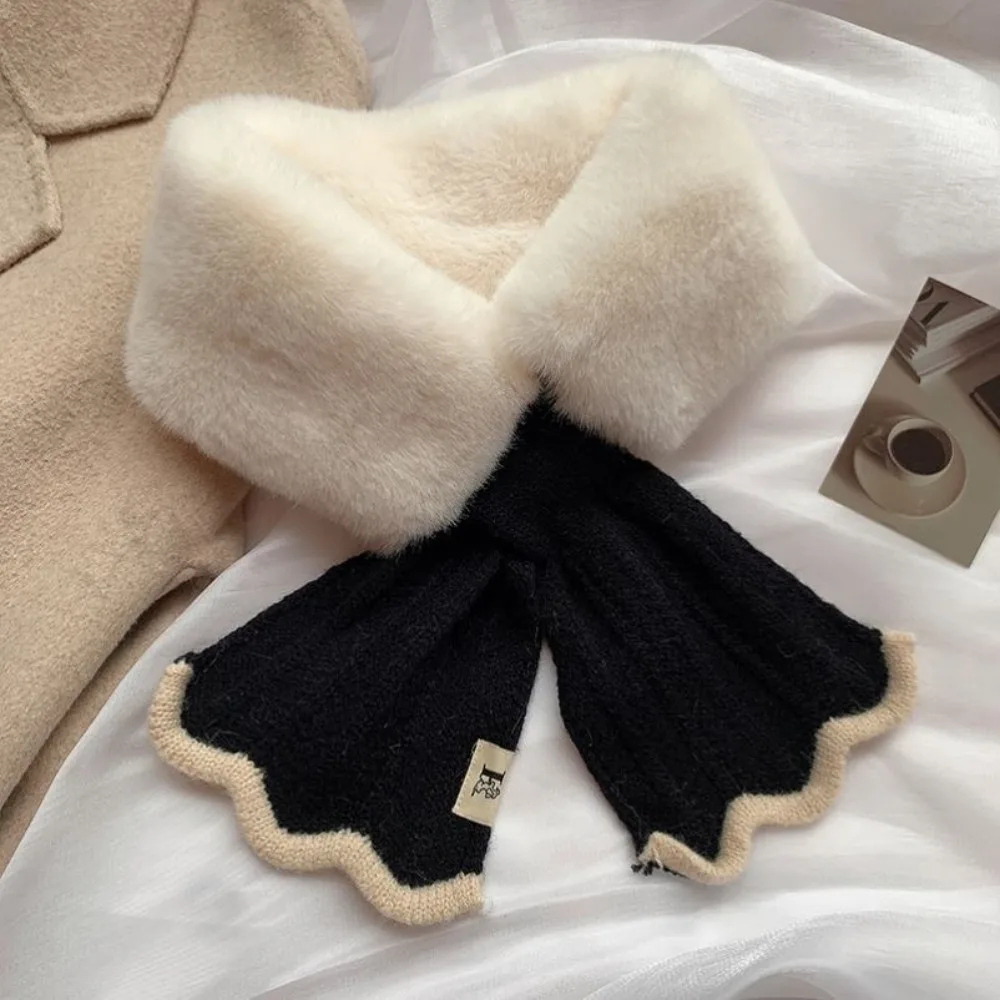 AliExpress NONE Woman Winter Plush Scarf Thick Wool Knit Cross Fur Collar Outdoor Cycling Neck Protect Cervical Spine Warm Scarve Neckerchief