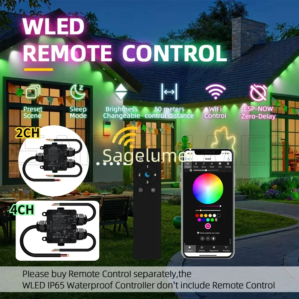 DOM-WLE-SFM/SFQ IP65 DOMRAEM ESP32 WLED 2/4CH LED Controller Outdoor Use 20A Fuse & Music Sync Supports WS281X SK6812 APA102 IC
