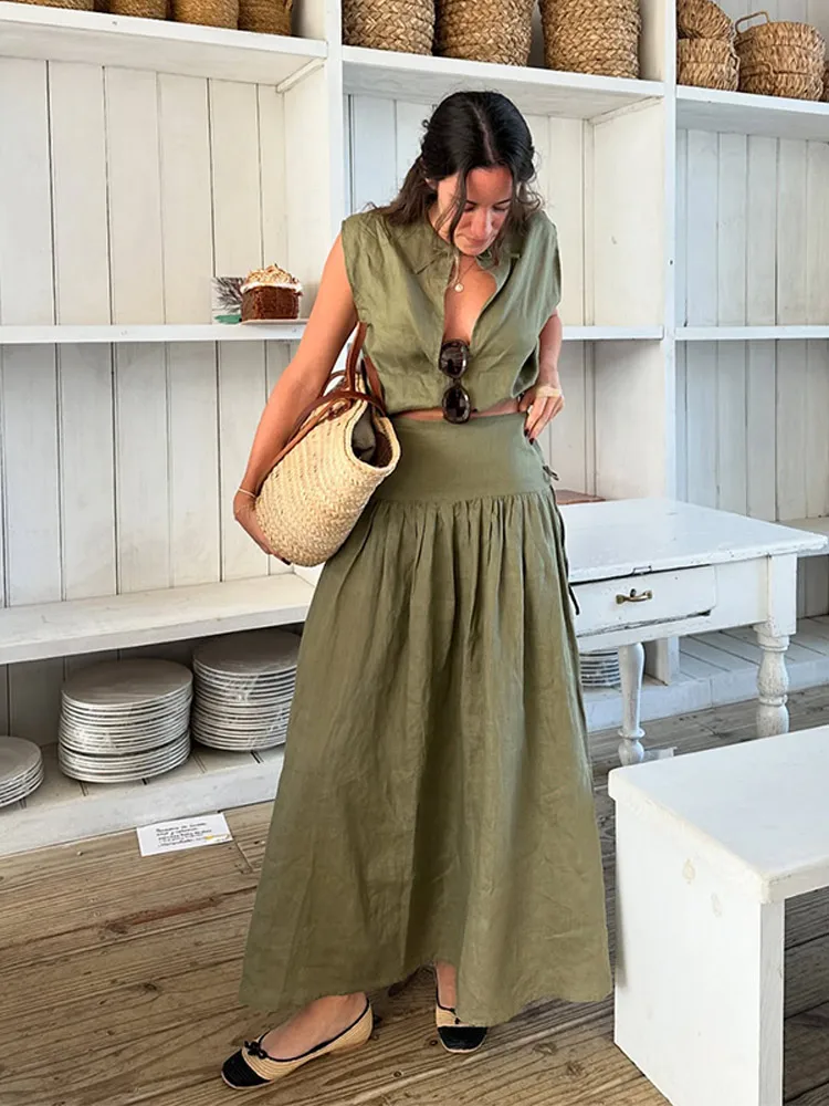 

Chic Cotton And Linen Women's Two Piece Suit Sleeveless Hollow Out Top Loose Draped Long Skirt 2025 Summer Lady Causal Outfits