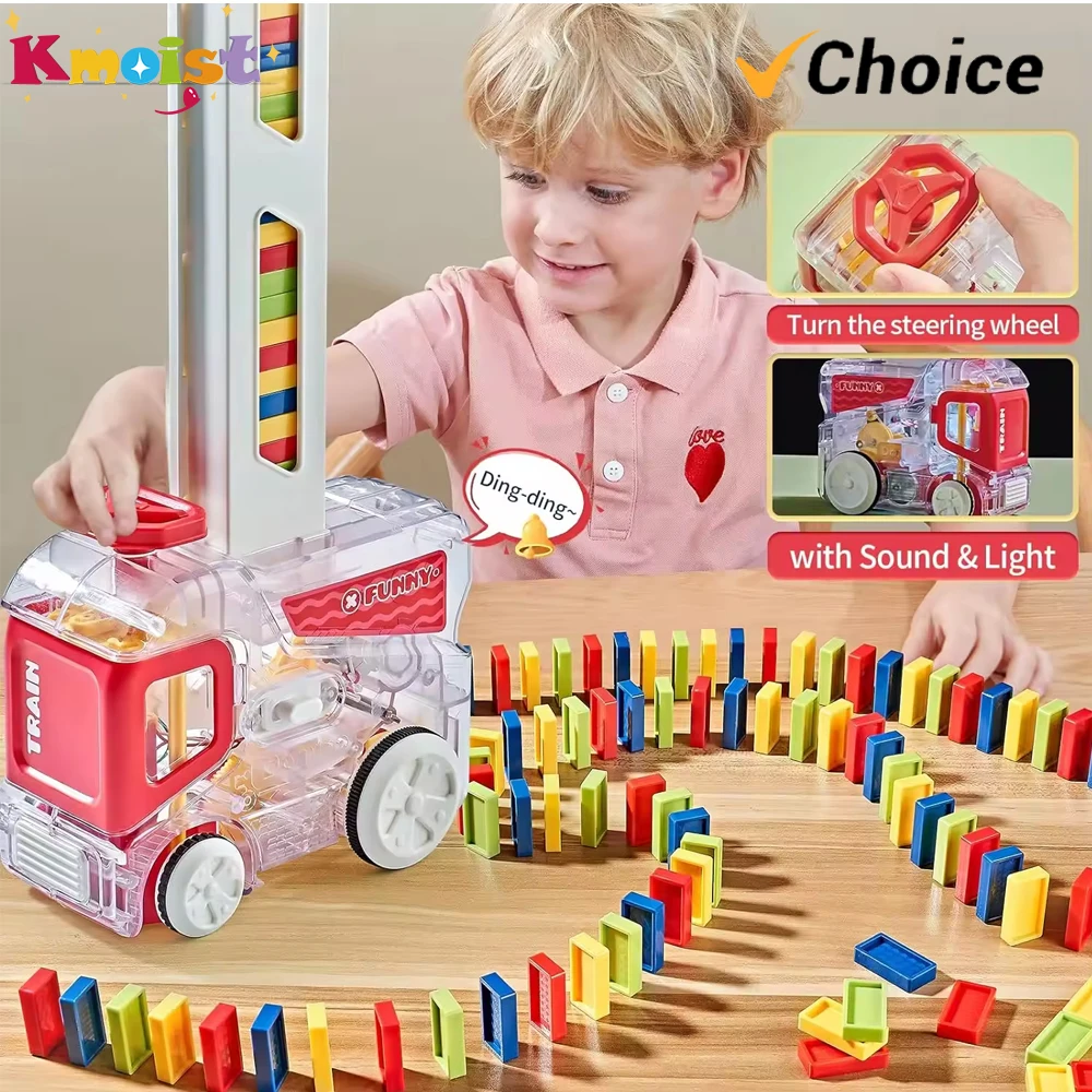 Automatic Domino Train with 180 Dominos Montessori Early Educational STEM Toys Train DIY Building Blocks Christmas Birthday Gift