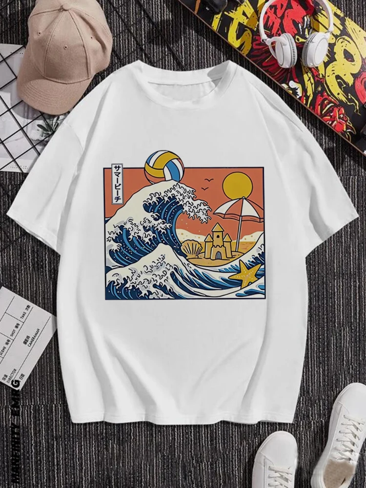 

Beach Volleyball Waves Printed Graphic Short Sleeve Cartoon T-Shirt Women's Round Neck Basic Summer Clothing Regular T-Shirt