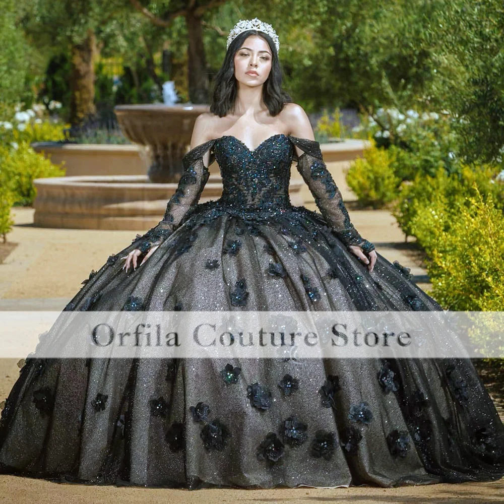 Black vestidos de 15 anos Quinceanera Dresses Long Sleeves Floral Flowers Girl Sweet 16 Charro Mexican Birthday Wear Customized