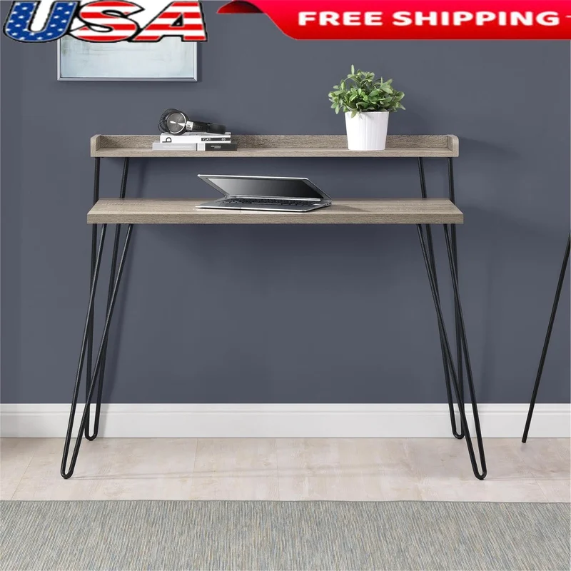 

Retro Computer Desk with Riser Industrial Modern Design Small Space Office Storage Minimal Assembly Hairpin Legs Engineered Wood