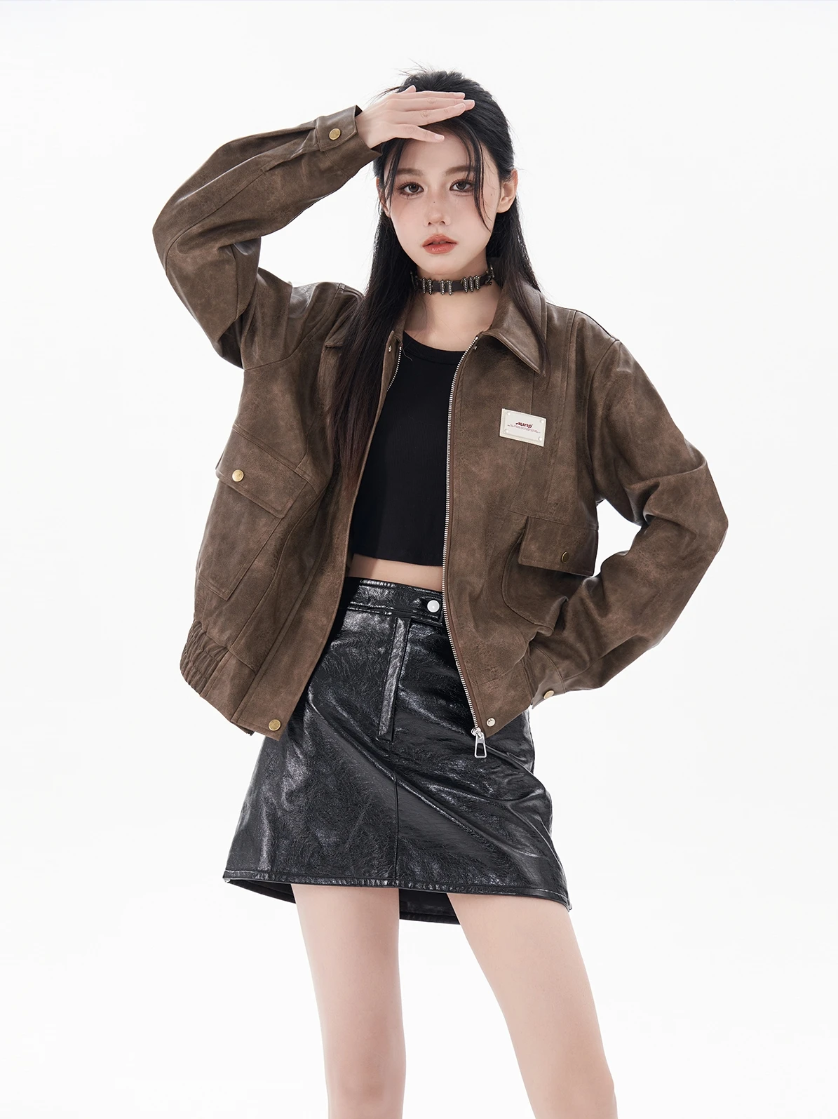 

AUNP винтажное коричневое кожаное пальто Jaet ort Biker Sle, женское пальто с завышенной талией, осеннее свободное пальто из полиуретана