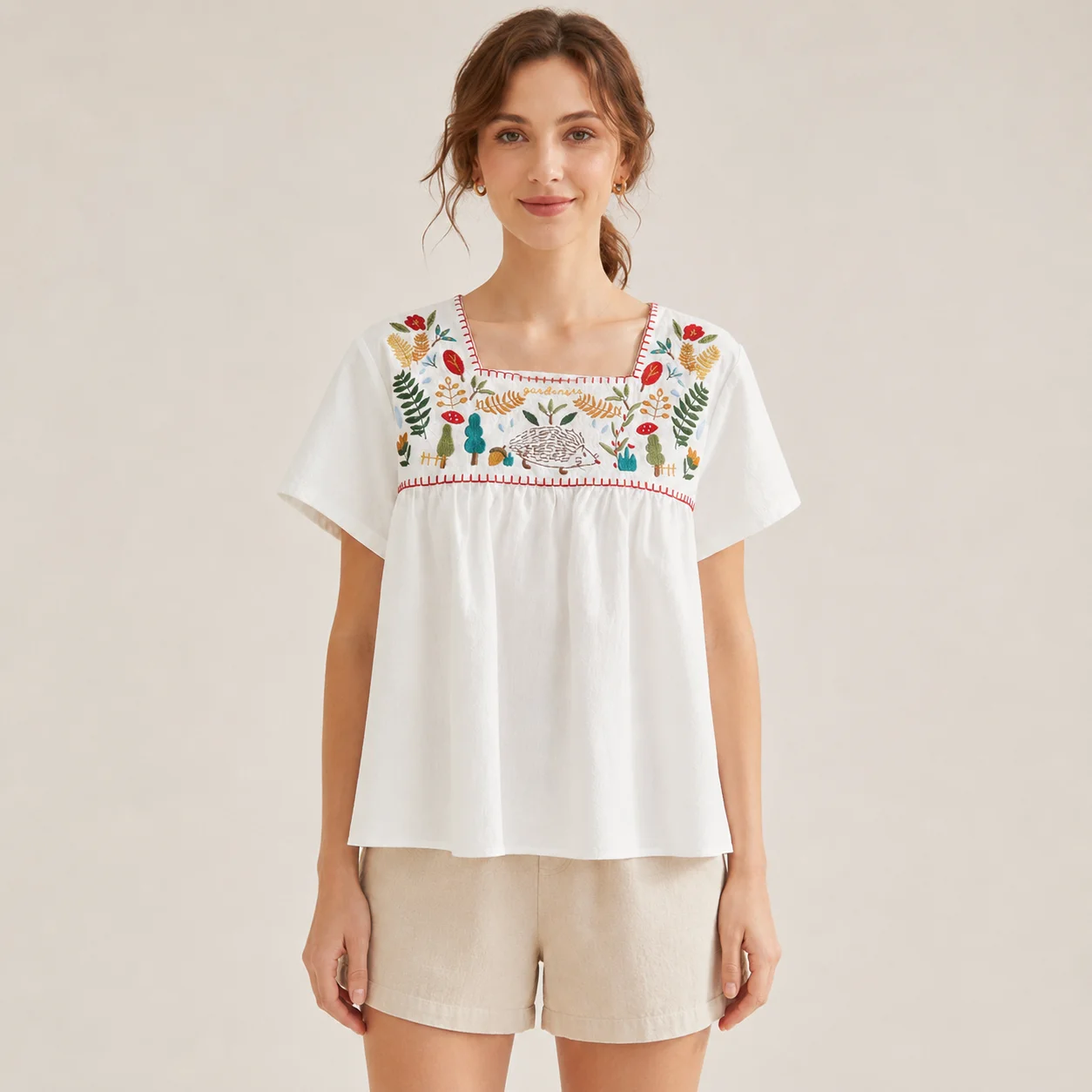 EOENKKY Women Embroidered Cotton Blouse Square Neck Hedgehog Floral Short Sleeve Loose Fit Summer Cottagecore Babydoll Top