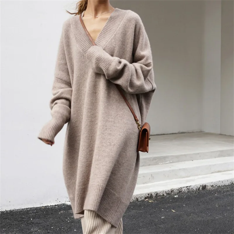 

Autumn and Winter Sweater 2025 Loose Medium to Long V-neck Knitted Sweater for Women