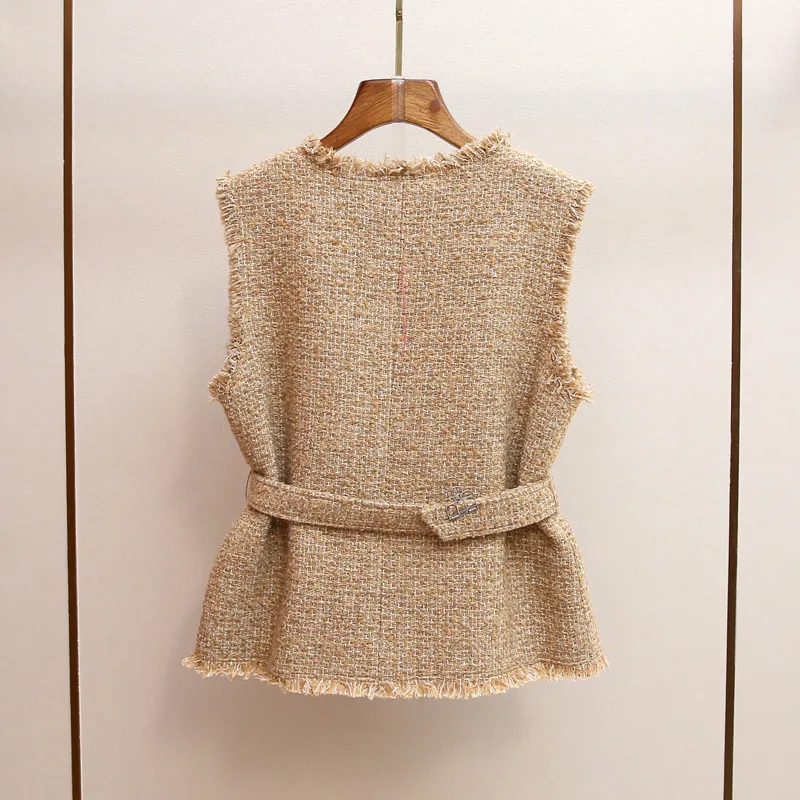 HKSH Spring Autumn New Women's Waistcoat O-neck Multi-pocket Single Breasted Sashes Elegant Tide Sleeveless Tweed Jacket HK14107