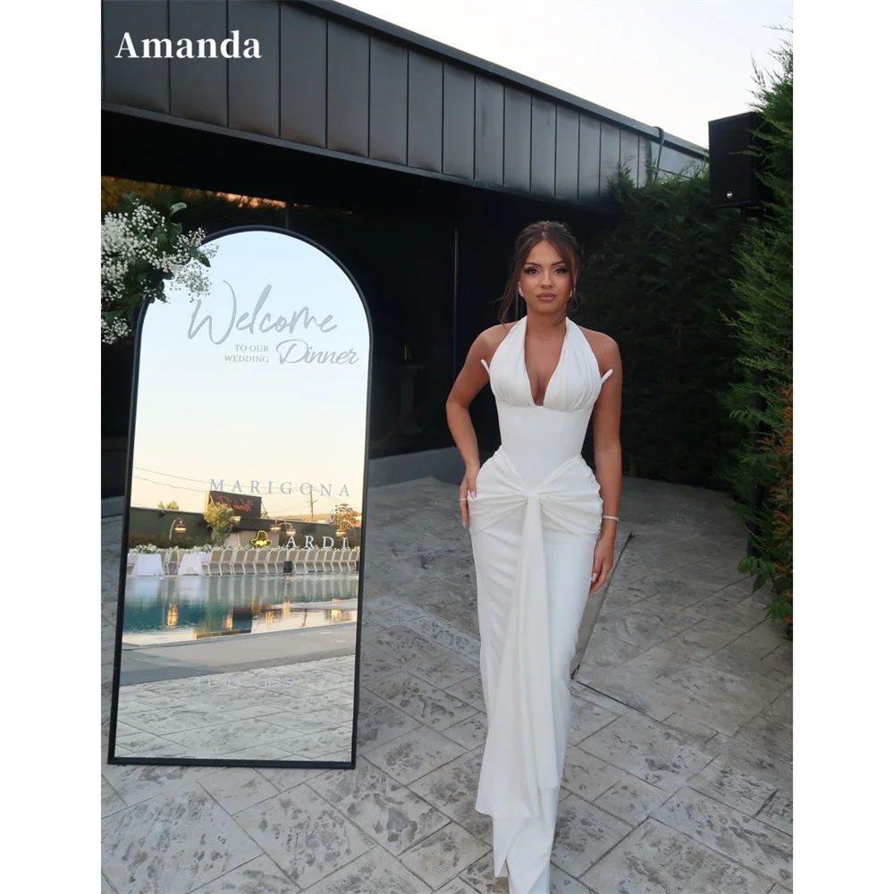 

Amanda Customized White Halter Neck Sheath Prom Dresses Pleated Sleeveless vestidos de noche Elegant Floor-Length Formal Evening
