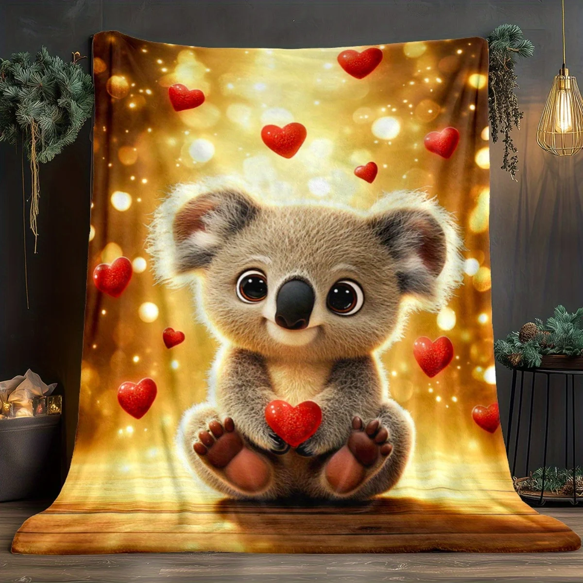 Cute Koala Holding Red Heart Golden Glow Blanket Soft Flannel Throw Kids Bedroom Decor Valentine Gift Love Theme