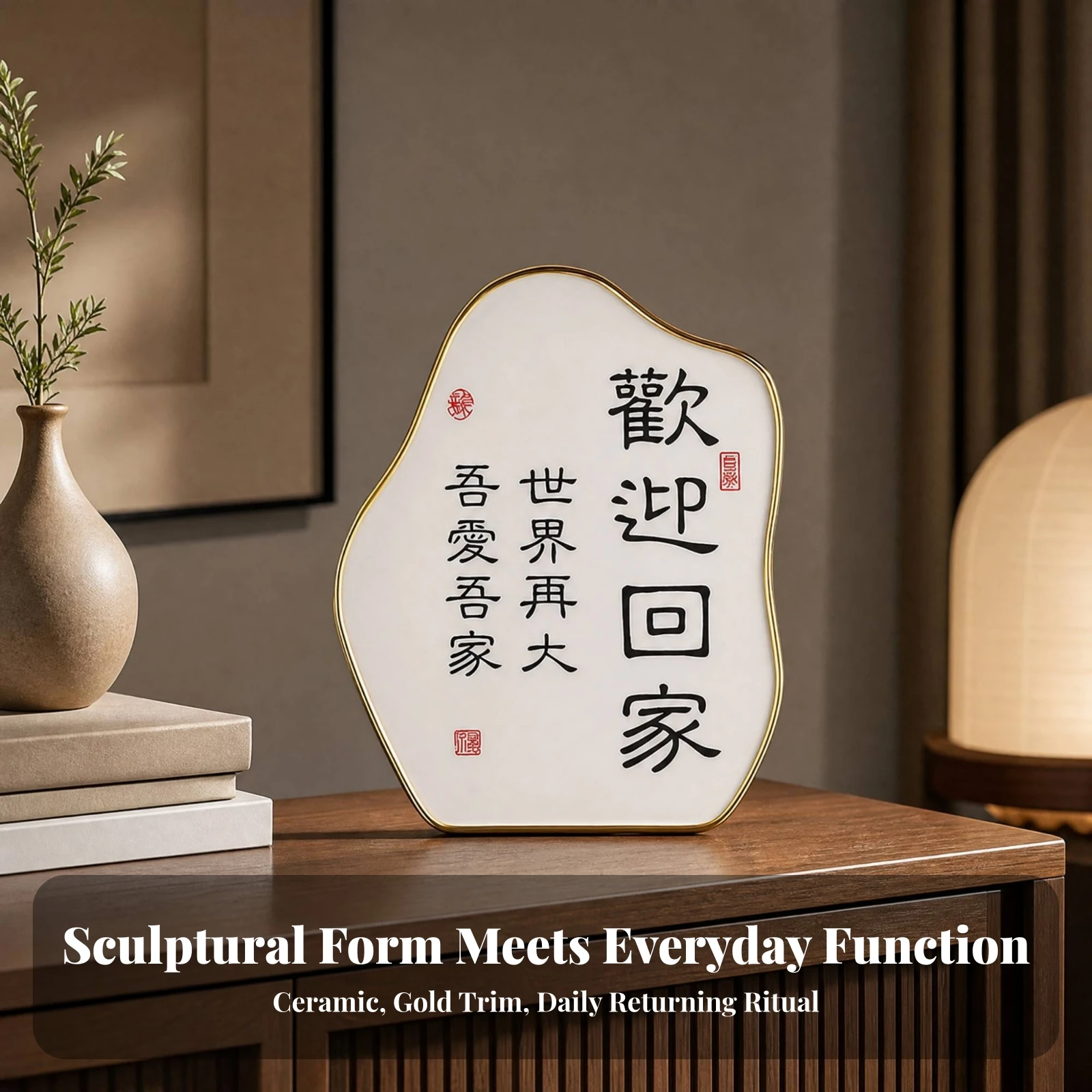 Ceramic Plaque with Calligraphy Gold Rim Tabletop Sign Irregular Rounded Shape for Entryway Living Room Decor