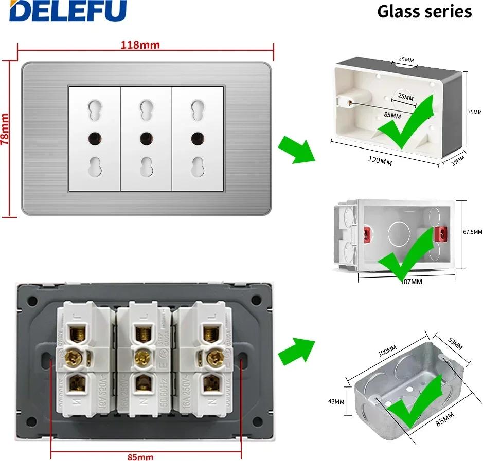 DELEFU White Stainless Steel  Italy Standard Home Office EU Outlet USb Type C Chile Korea Wall Socket Light Pressure Switch 118