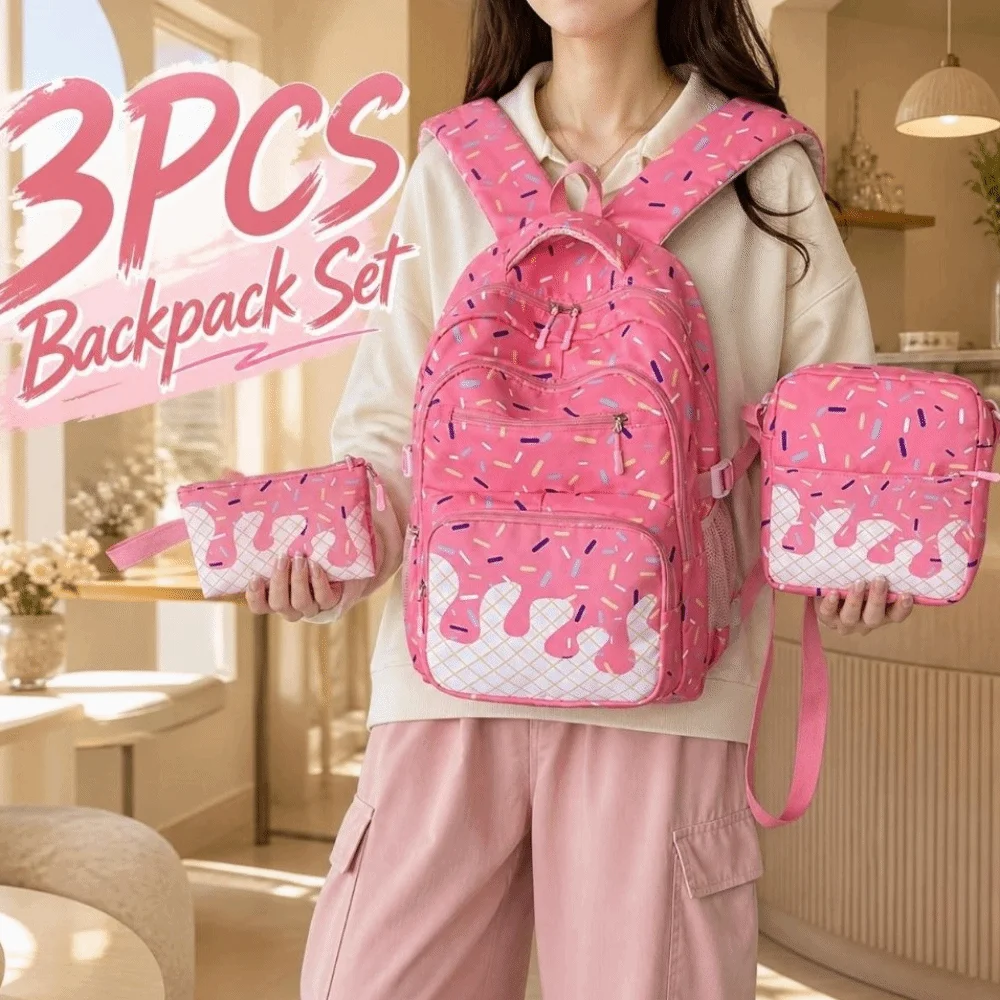 3PCS Cute Ice Cream Print Backpack Set Waterproof Lightweight School Backpack Spacious Durable Printed Schoolbag Teenagers