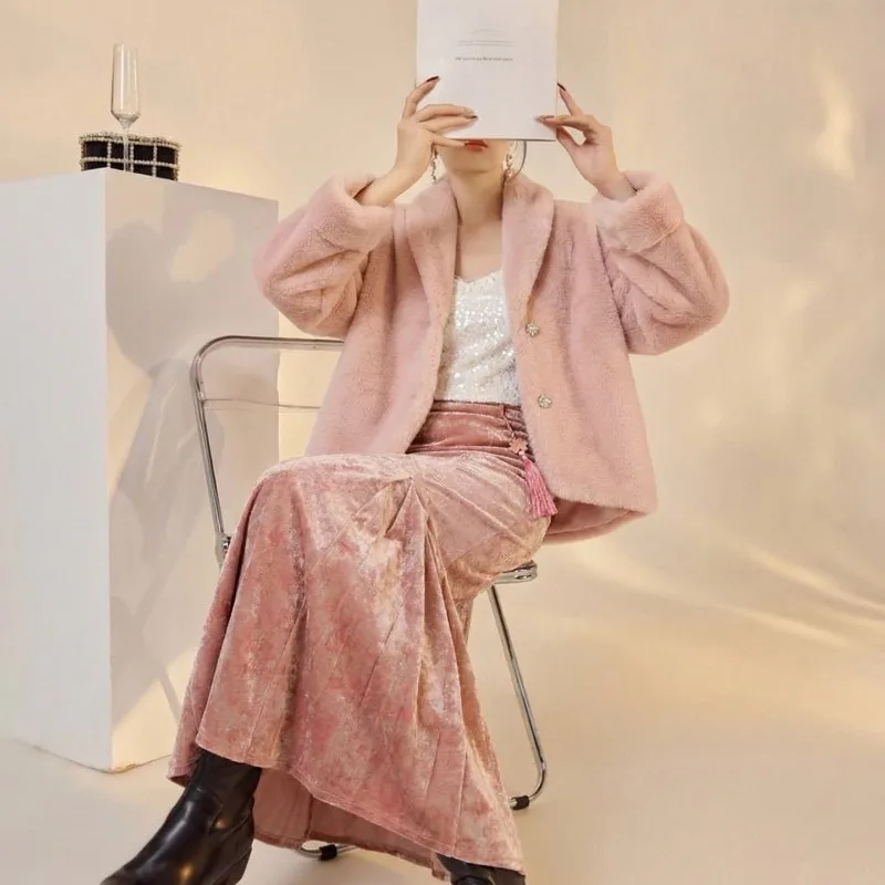 Retro Style Autumn Winter Eco-friendly Wool Light Luxury Sweet Jacket Pink Skirt Women's Set for commuting dating and traveling