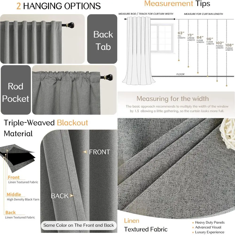 

Плотные шторы с льняной текстурой 96, 52, ширина x 2 панели, серый Хизер для спальни/гостиной