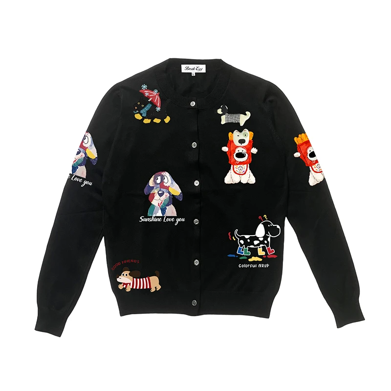 Women Animal Doll Brooch Cardigan Bear Dog Rabbit Elephant Goose Printing Round Neck Wool Open Front