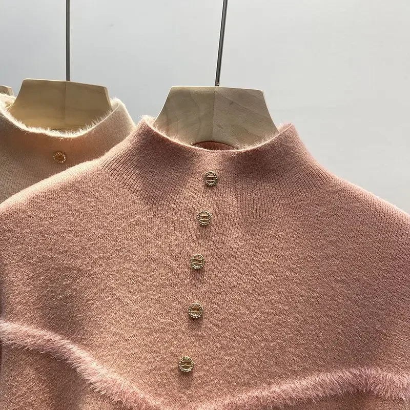 Pull d'hiver rembourré et épais pour femme, chemise chaude à col mi-haut, sous-vêtements pour femme