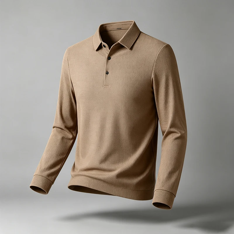 Herren-Polohemd mit normaler Passform, langen Ärmeln, Reverskragen, strukturierter Oberfläche und weichem Stoff, ideal für Streetstyle und den täglichen Arbeitsalltag. – Detail 10