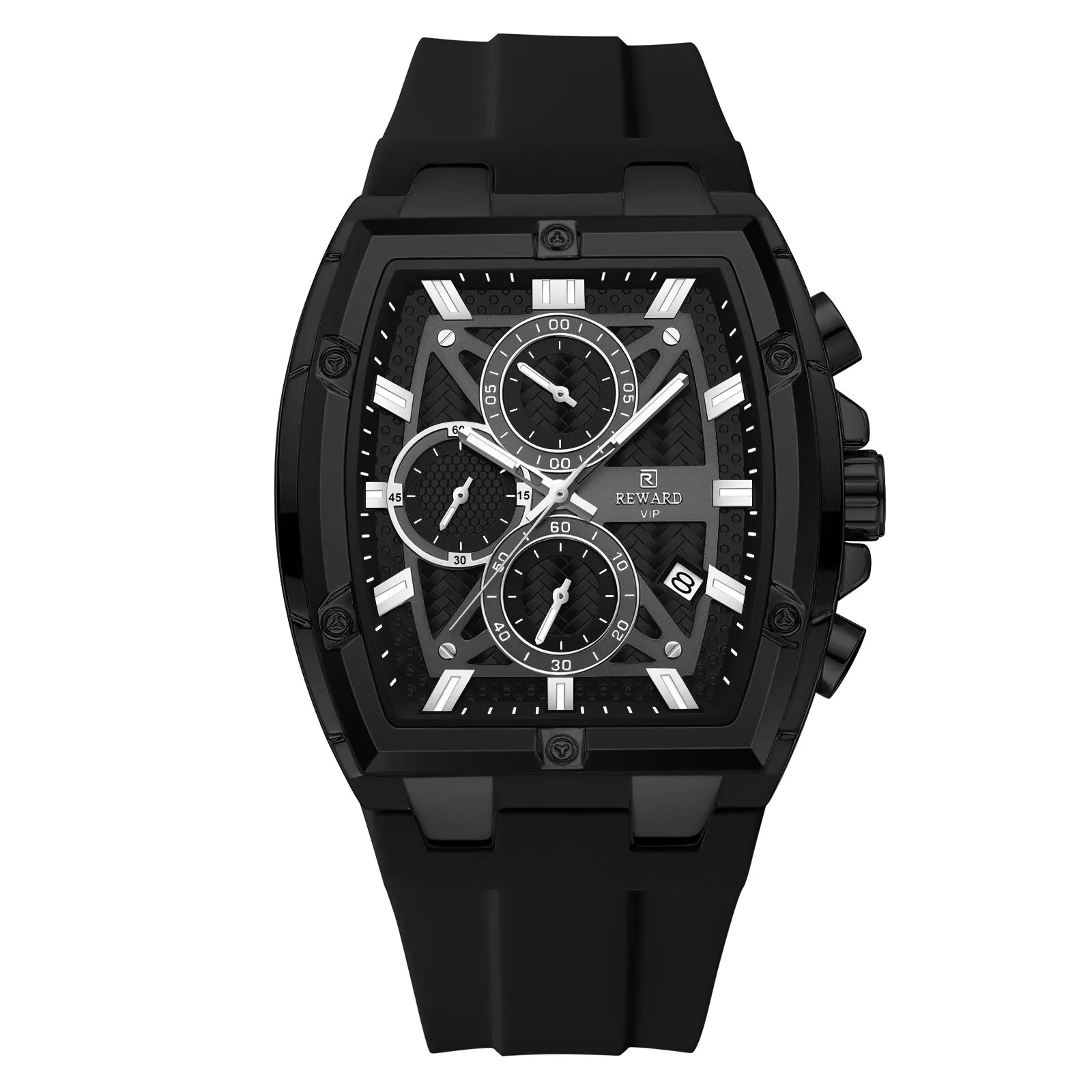 Reward new men's wine barrel six pin watch with calendar, multifunctional sports quartz cousin skin silicone strap, men's watch