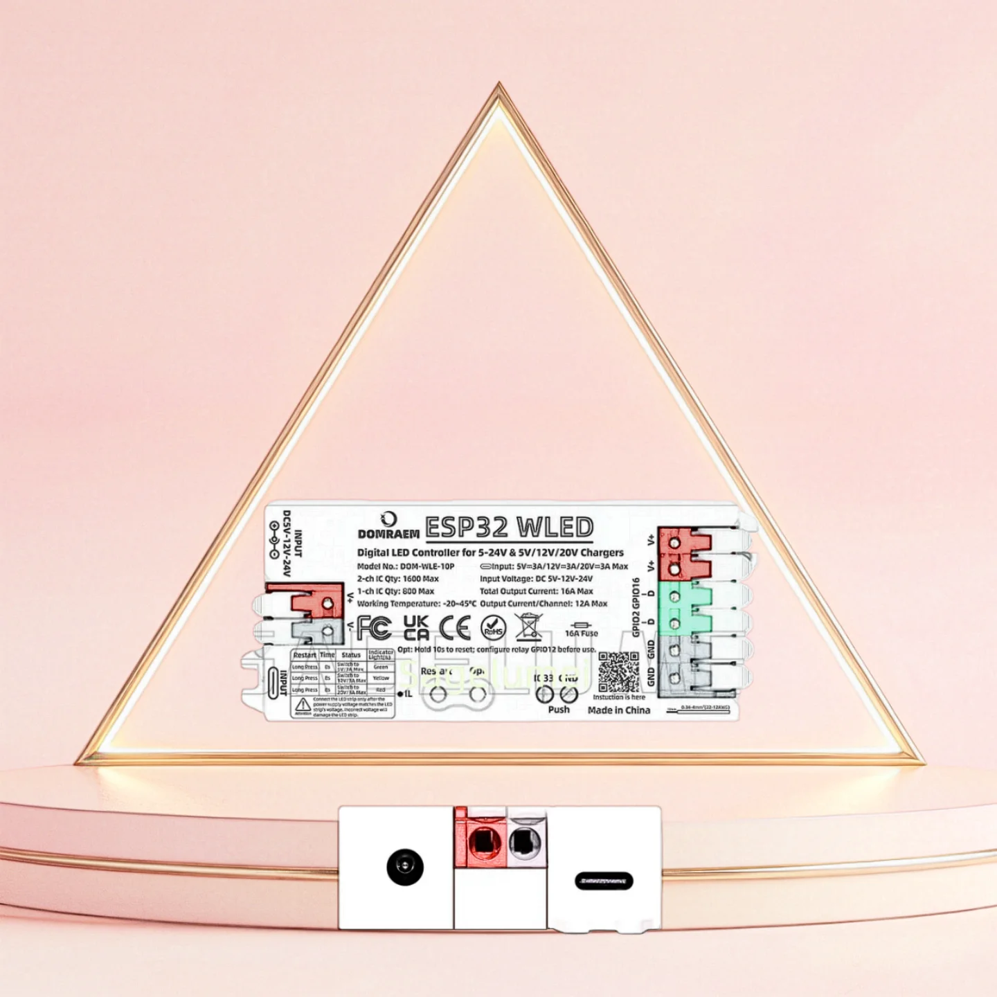 

5V/12V/20V DOMRAEM PD 3A Powered ESP32 WLED Digital LED Controller with Mic/UART Port & 16A Fuse for WS281X SK6812 APA102 Strips