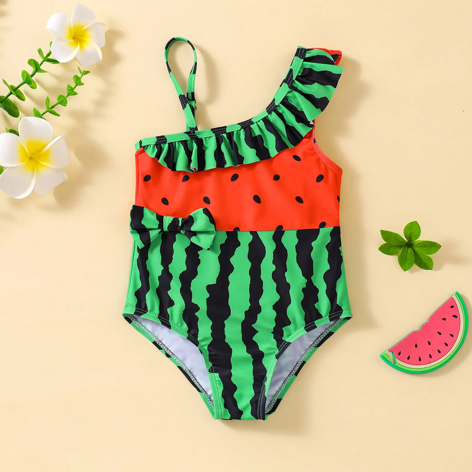 

SwimmyCubs Цельный купальный костюм с арбузом для девочек, купальный костюм с лямкой на одно плечо, пляжный спа-салон, купальный костюм