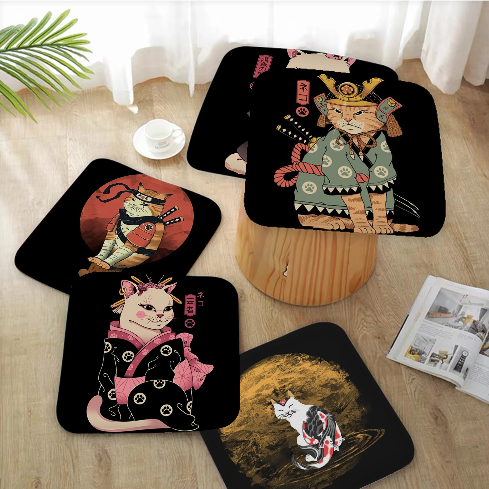 

Japanese Samurai Cat Cushion Mat Tie Rope Dining Chair Cushion Circular Decoration Seat For Office Desk Cushions Home Decor