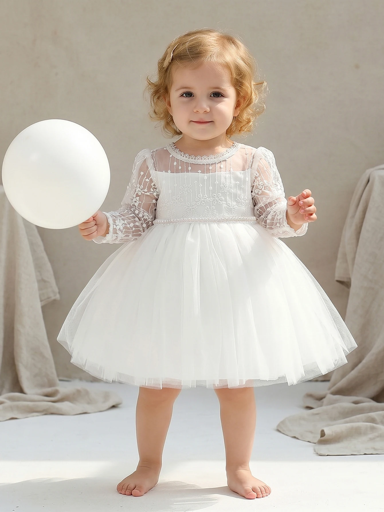 Baby Girls White Tulle Party Dress Sheer Long Sleeves Floral Embroidery Beaded Waist Birthday Wedding Princess Photoshoot Outfit