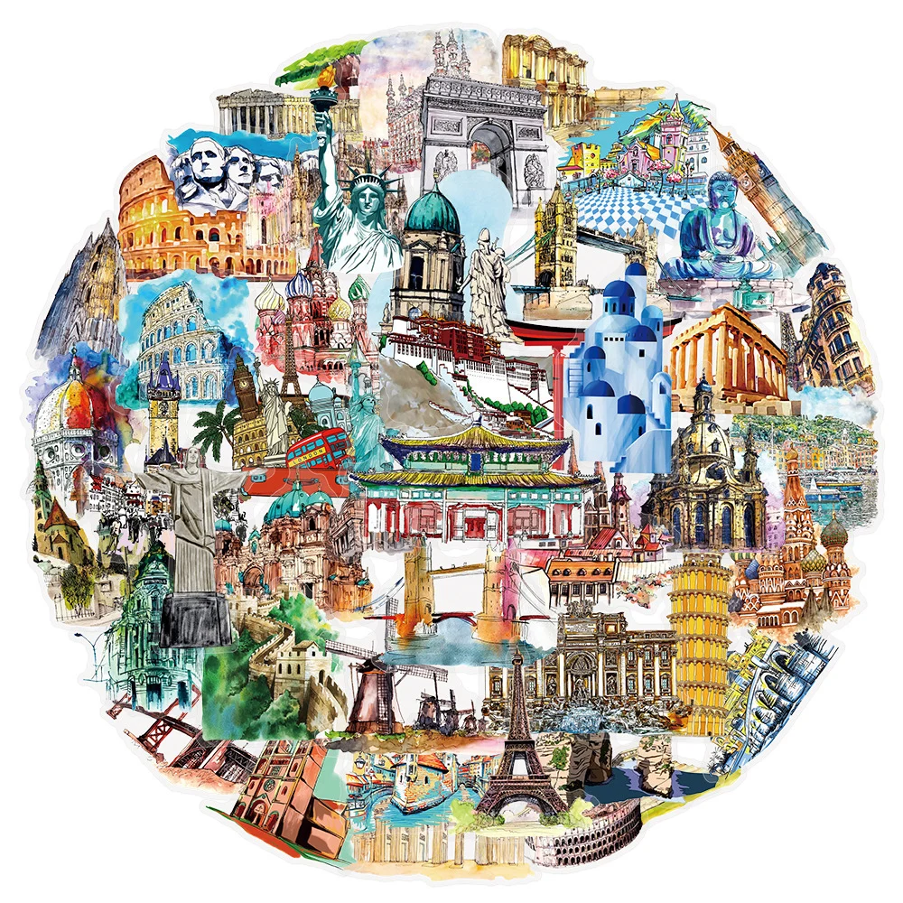 10/30/50 szt. Naklejki z znanych obiektów budowlanych świata, naklejki z krajobrazami miast podróżniczych, naklejki na walizkę, telefon, laptop, przezroczysty zestaw naklejek