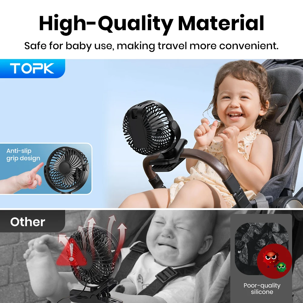 TOPK Clip on Fan 5000mAh Rechargeable Small Portable Clip Table Fan with LED Display 720° Rotation Ultra-Quiet Desk Fans