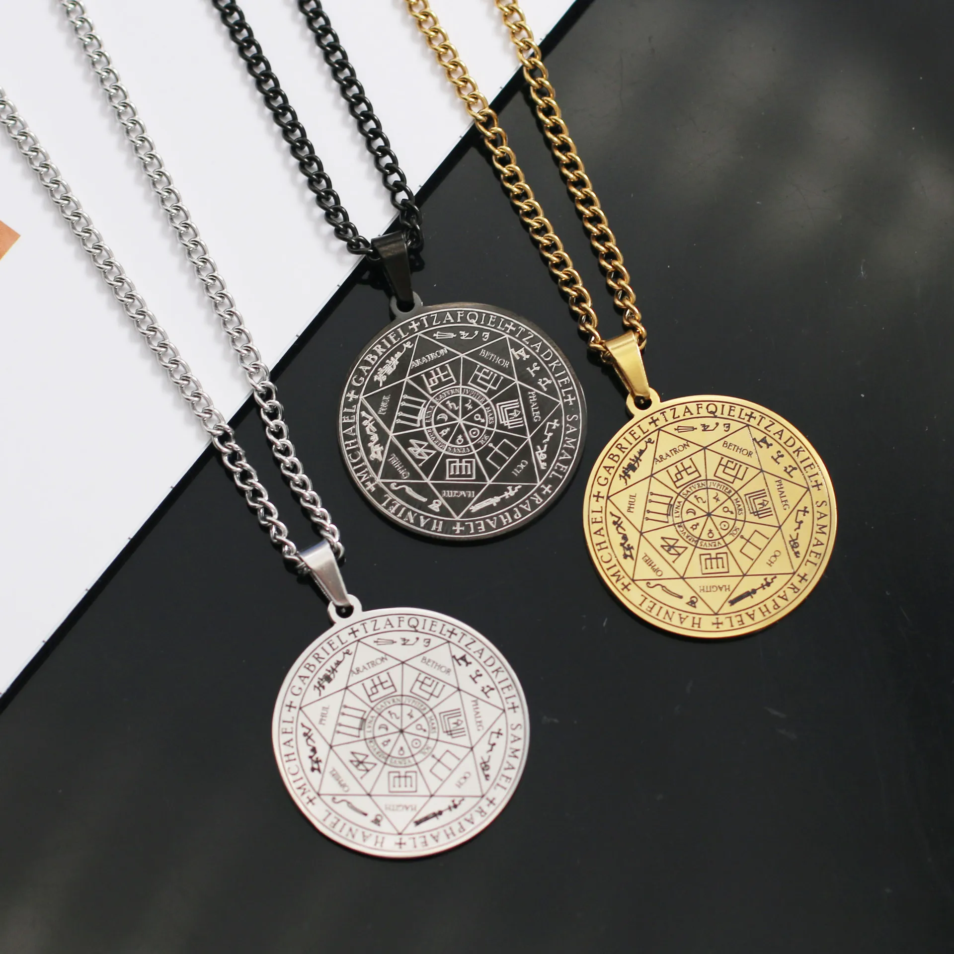 Seven Archangels Sigil Talisman Necklaces Men Boys Seal of Solomon Pendant Chain Stainless Steel Religious Amulet Jewelry image 3