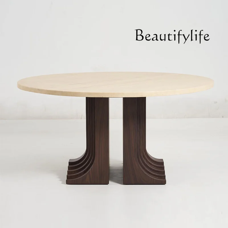 Medieval Round Natural Marble Dining Table Designer Creative Household Solid Wood Table Legs Dining Table