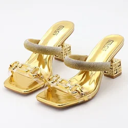 Summer Silver Gold Slides Women 8cm High Heels Mules Slippers Crystal Glitter Rhinestone Strange Block Square Heels Luxury Shoes