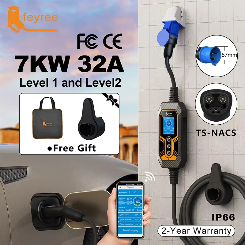 feyree EV Charger TS-NACS Socket 32A 7KW 1Phase APP Control EVSE Wallbox Portable Charging Box for Tesla Car Models 3/Y/S/X