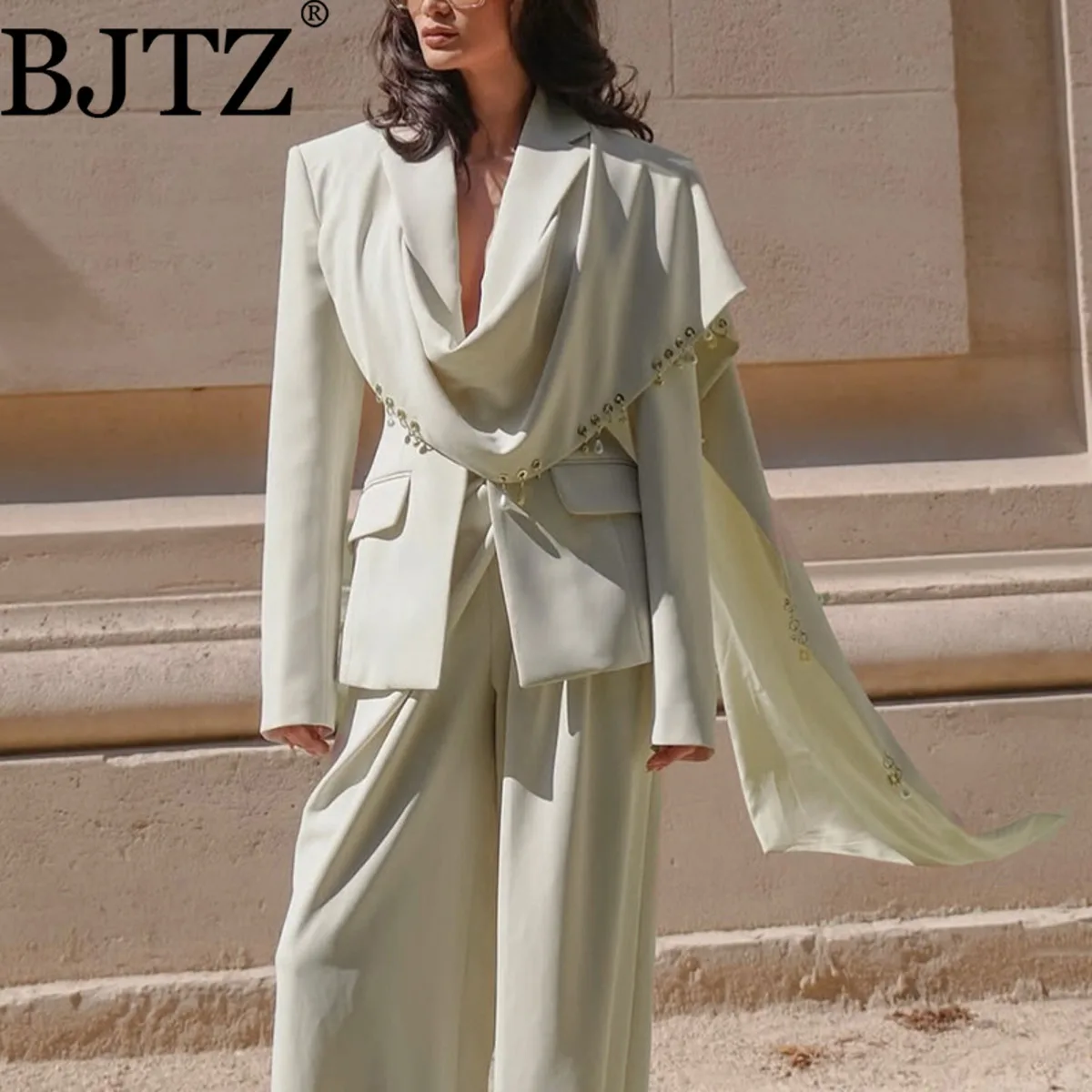 

Элегантный блейзер-накидка BJTZ с металлическими вставками, женский, новый дизайн 2026, с длинными рукавами, весенне-осенний, шикарный пиджак