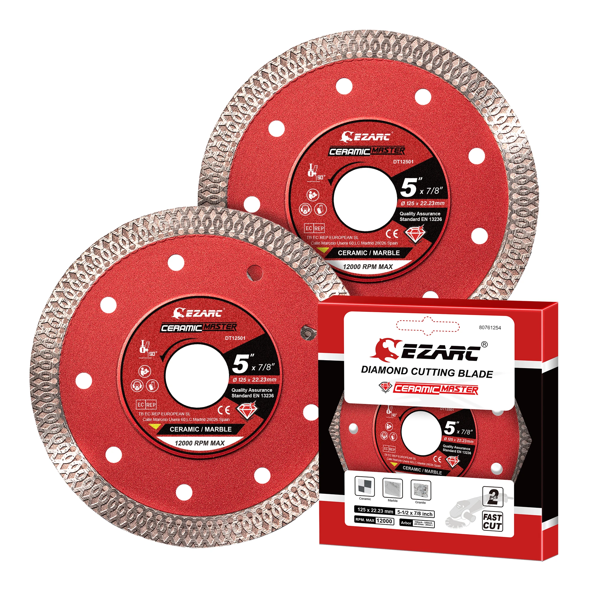EZARC 5''/4.5'' Super Thin Diamond Blade 2Pcs for Porcelain/Ceramic/Granite/Marble, Smooth Cutting Wheel Disc for Angle Grinder