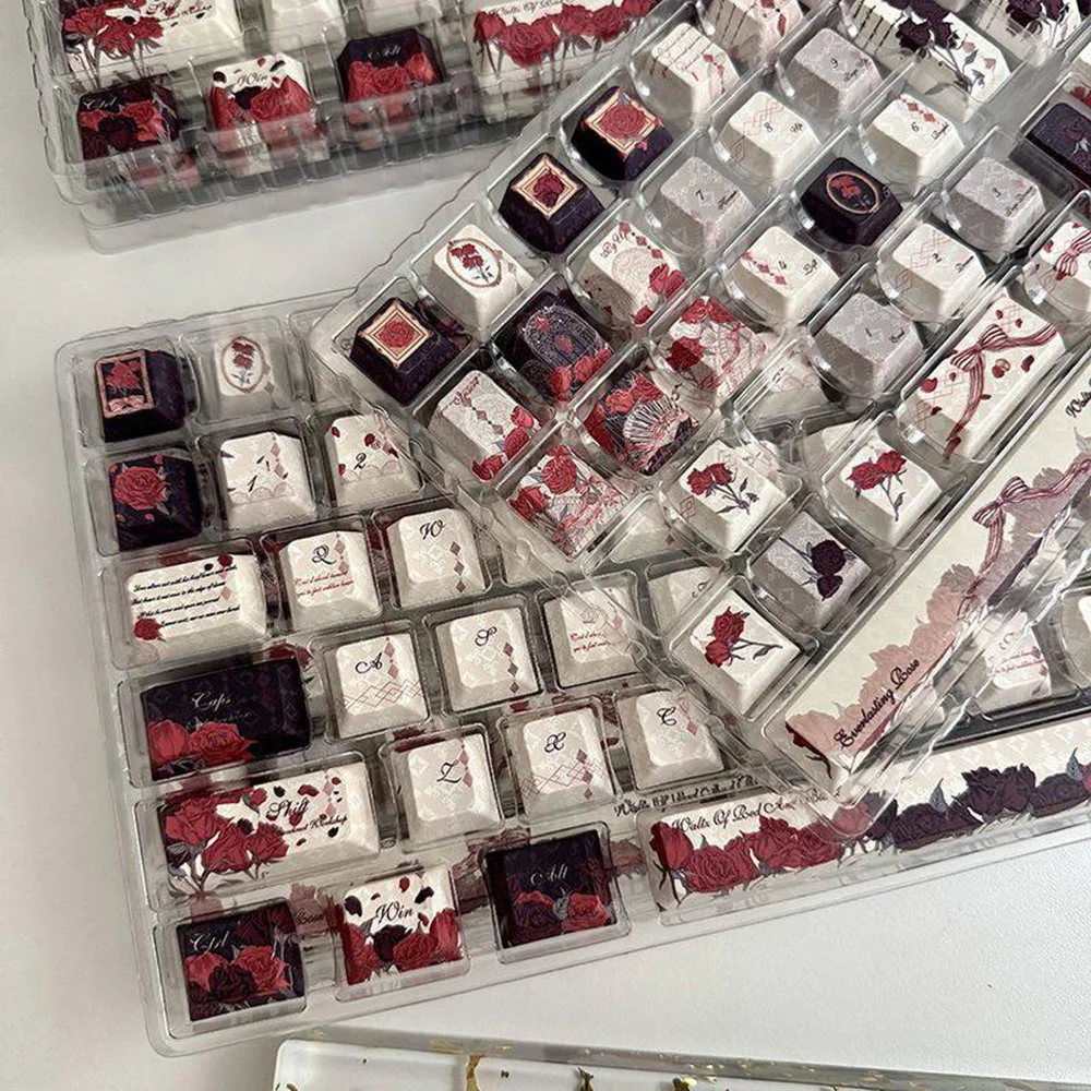 

Колпачки для клавиш PBT с красно-черным розовым дизайном, профиль Cherry, пятисторонняя термосублимация, готический стиль, для механических клавиатур