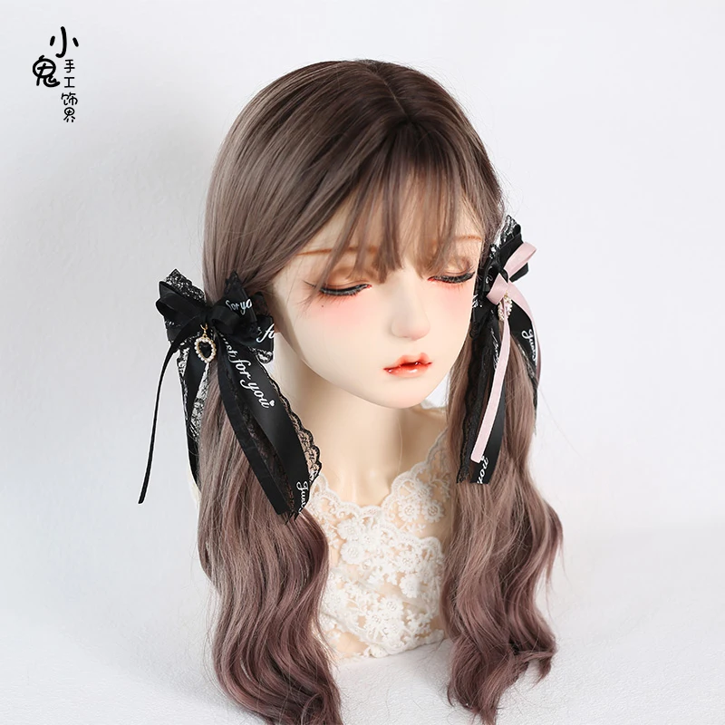 Menina japonesa coração arco hairpin, acessórios bonitos para cabelo kawaii, cocar artesanal, um par de hairclips, rosa e preto